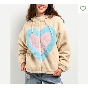 A-Lab Fleece Heart Hoodie Bear Ears Full‎ Zip Cream Pastel M Scene Rave Skate